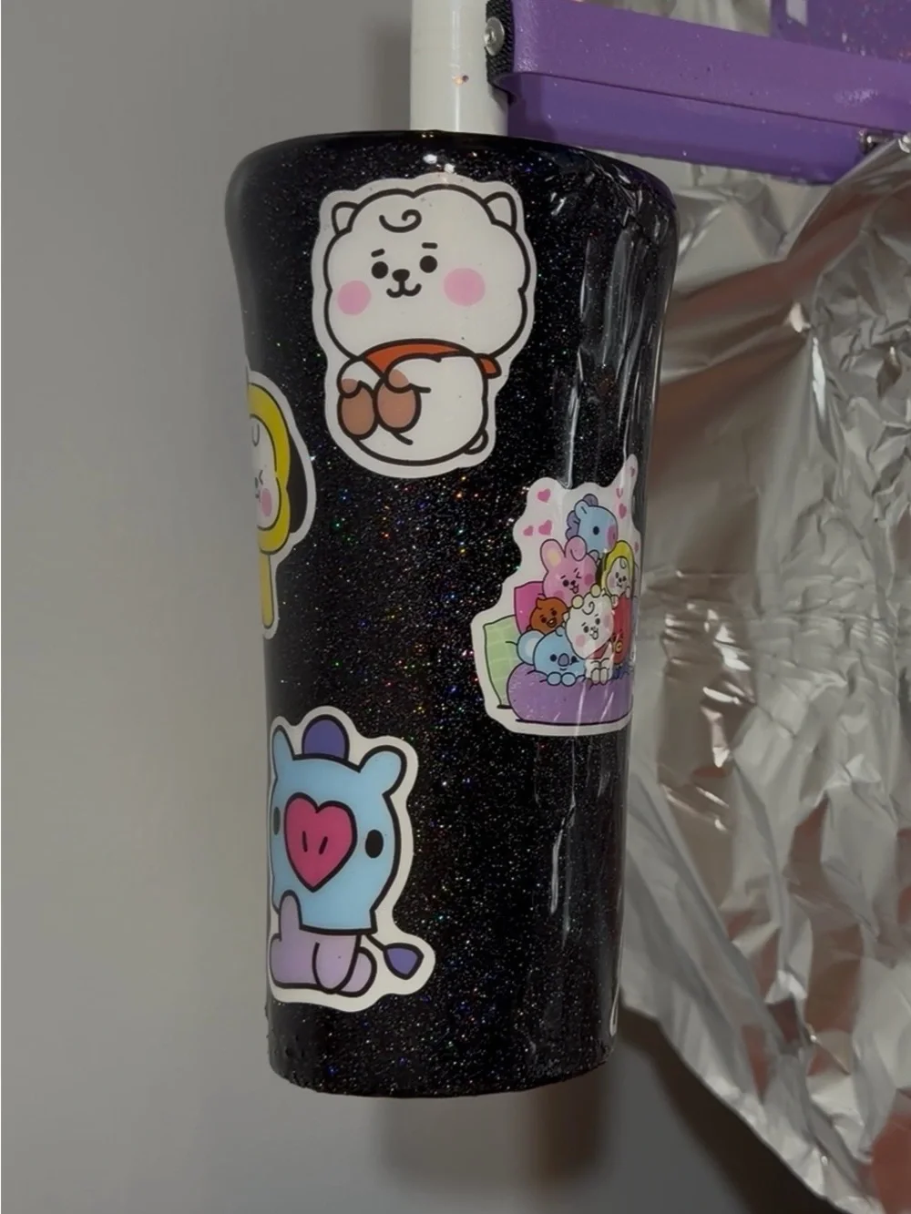 Black Glitter Ceramic Tumbler with Cute Character Stickers K-pop inspired